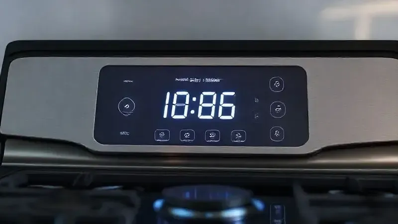 Painel de controle digital de um fogão, mostrando a função timer e outros recursos tecnológicos.
