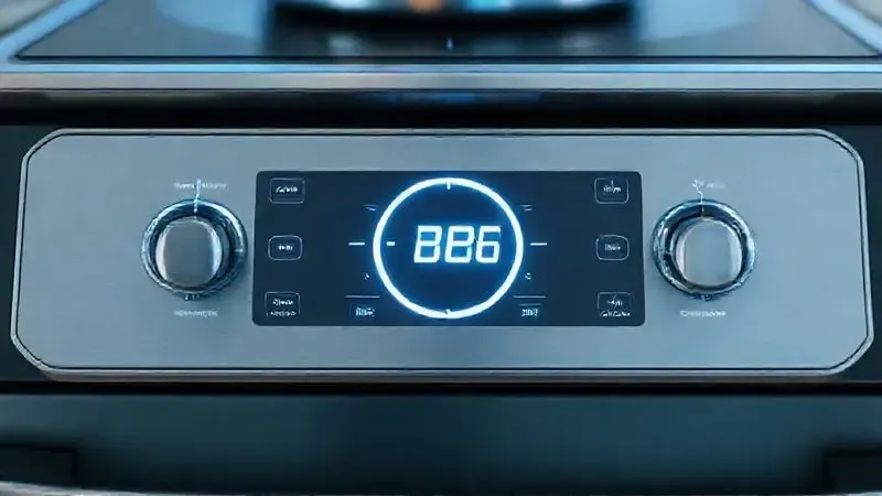 Painel de controle futurista de um fogão, ilustrando recursos e funcionalidades inteligentes de cozinha.
