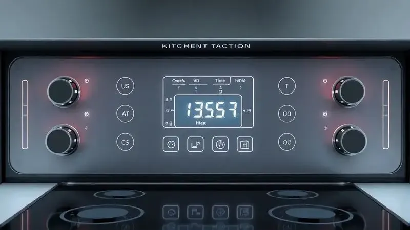 Ilustração conceitual dos recursos de um painel digital tátil para fogão, mostrando controles de temperatura, timer e modos de cozimento