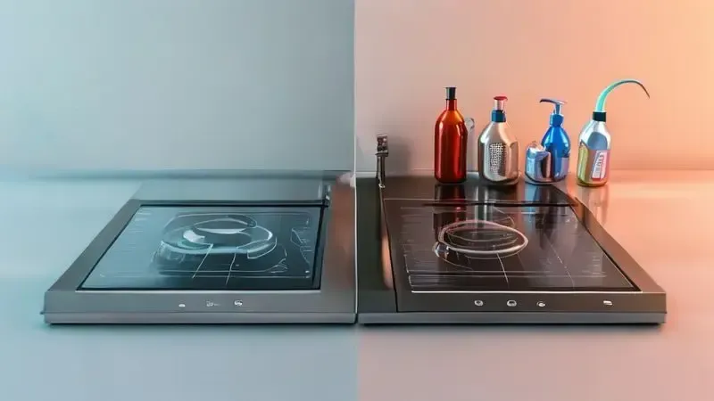 Comparação visual entre superfícies de fogão: mesa de vidro lisa e aço inox, destacando facilidade de limpeza de cada material
