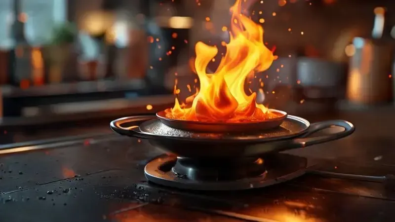 Cena conceitual de segurança mostrando como apagar fogo de fondue com segurança usando uma tampa metálica para abafar as chamas.