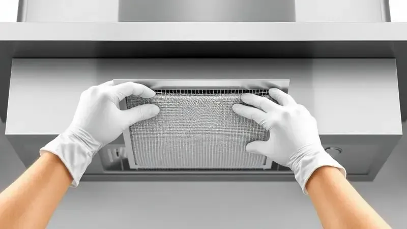 Cena ilustrativa da remoção do filtro metálico de uma coifa para limpeza e manutenção, foco em higiene.