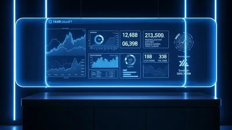 Render 3D futurista de um painel de vidro transparente com especificações técnicas e dados holográficos flutuantes, ilustrando a ficha técnica do produto.
