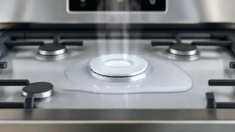 Render 3D de um cooktop sendo limpo por uma luz, simbolizando a facilidade e a eficiência da manutenção.