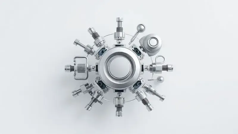 Render 3D de peças metálicas abstratas que simbolizam a qualidade e a confiabilidade de uma marca tradicional.