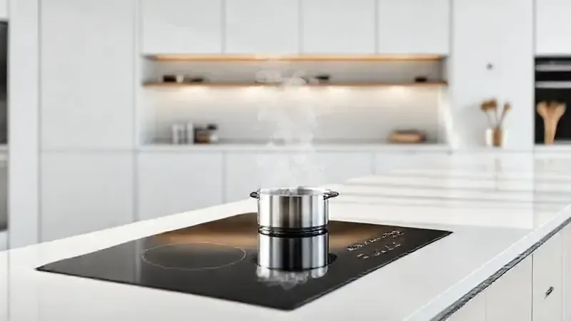 Render 3D de uma cozinha minimalista de luxo, destacando um cooktop de indução moderno e preto embutido na bancada.