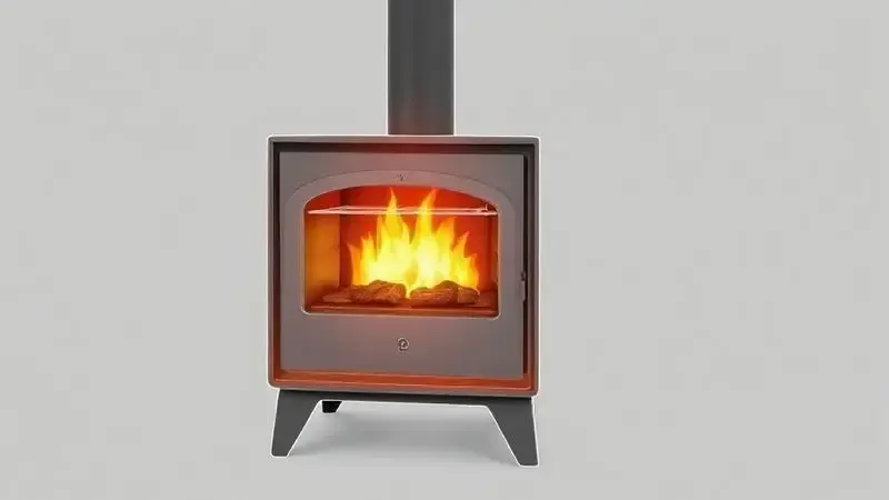 Render 3D conceitual de um fogão a lenha com forno embutido, mostrando o fluxo de calor interno para cozinhar e aquecer.