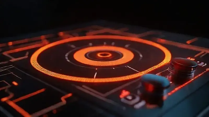 Render conceitual 3D de precisão e tecnologia, mostrando circuitos internos e controle de temperatura da placa de indução.
