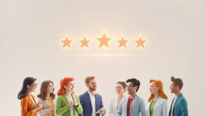 Renderização 3D de um ícone de 5 estrelas brilhante sobre um grupo de clientes diversos, simbolizando avaliações positivas e feedback de consumidores.