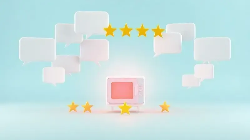 Renderização 3D de balões de fala e estrelas de avaliação simbolizando a opinião e satisfação dos consumidores com o produto.