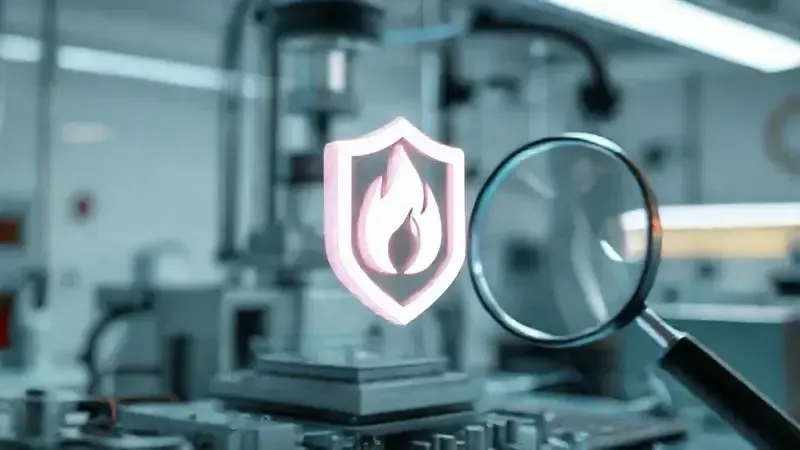 Render 3D de um laboratório com símbolos de segurança e testes de qualidade, como chamas e lupas.