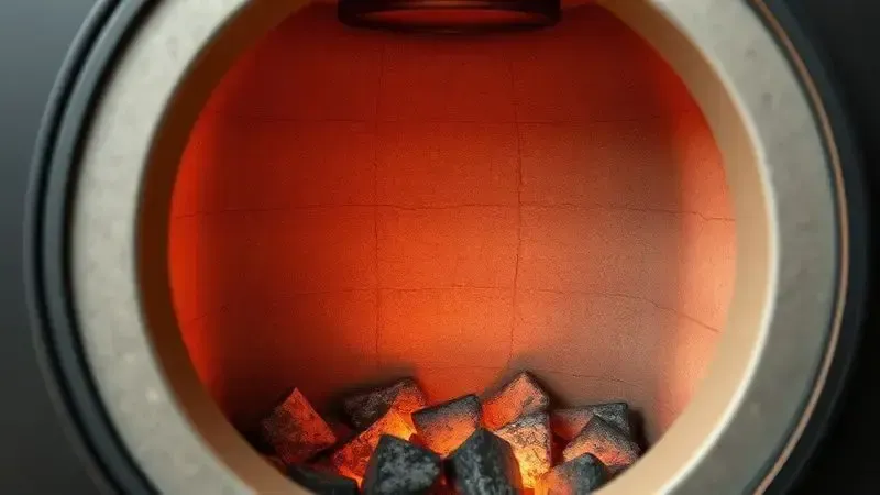 Visão em corte de fogão a lenha mostrando um revestimento interno cerâmico refratário resistente ao calor.