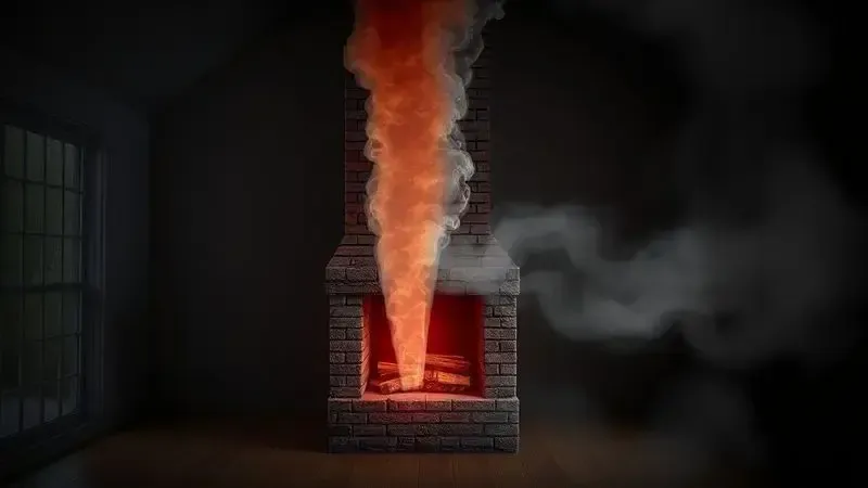 Ilustração conceitual mostrando fumaça vazando de chaminé mal vedada para dentro da casa, demonstrando risco à segurança