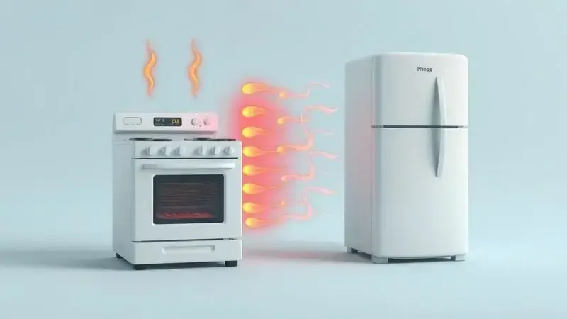 Ilustração conceitual mostrando transferência de calor do fogão para geladeira e riscos de superaquecimento