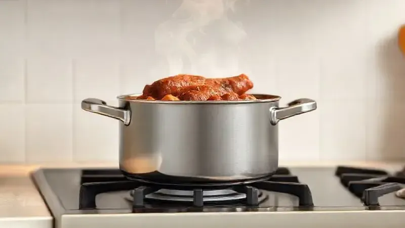 Render artístico de uma panela fumegante com uma refeição caseira saborosa, simbolizando a satisfação de usar um bom fogão.