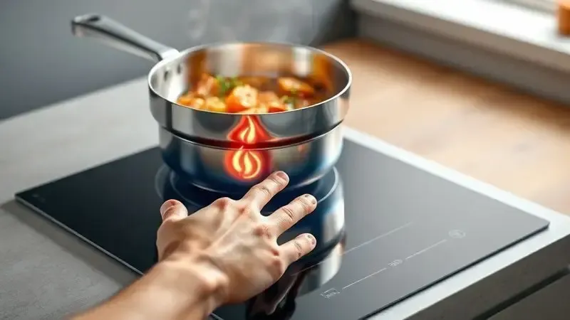 Conceito de segurança do cooktop de indução com superfície fria enquanto panela cozinha por indução magnética