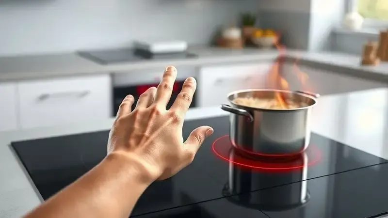 Mão tocando superfície segura do cooktop por indução enquanto panela ferve, demonstrando segurança do sistema
