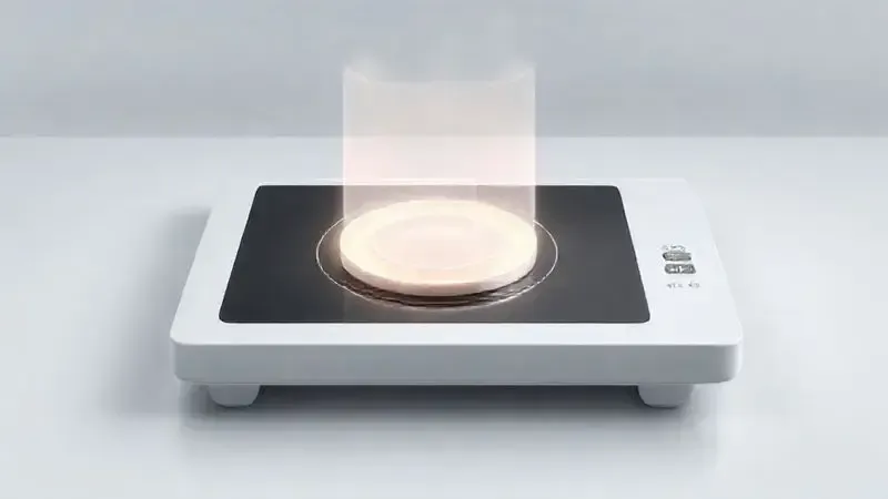 Render 3D conceitual de um cooktop de indução com um escudo protetor, simbolizando recursos de segurança como trava para crianças e desligamento automático.