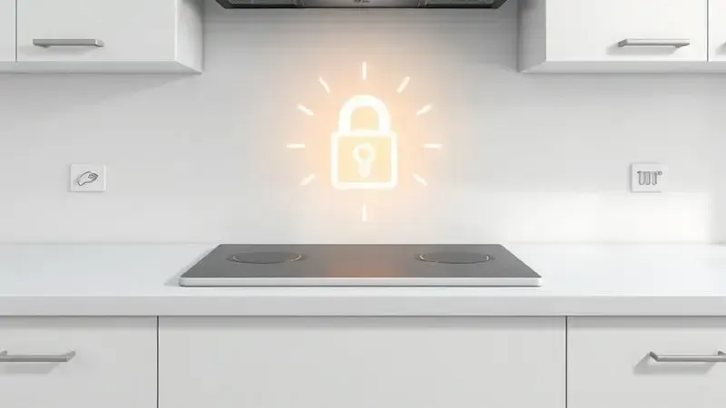 Render 3D minimalista mostrando um ícone de segurança e proteção sobre um cooktop, ilustrando recomendações de uso e cuidados.