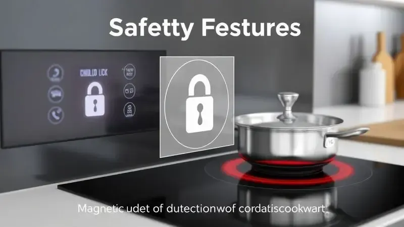 Conceito de segurança em cooktop com trava de painel e reconhecimento de panela