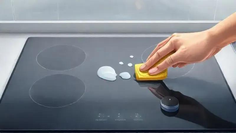 Ilustração de um cooktop sendo facilmente limpo, com destaque para um indicador de segurança ativado.