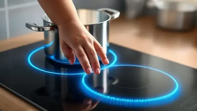 Ilustração conceitual da segurança do fogão de indução, mostrando calor concentrado na panela e superfície fria, com mão de criança por perto.