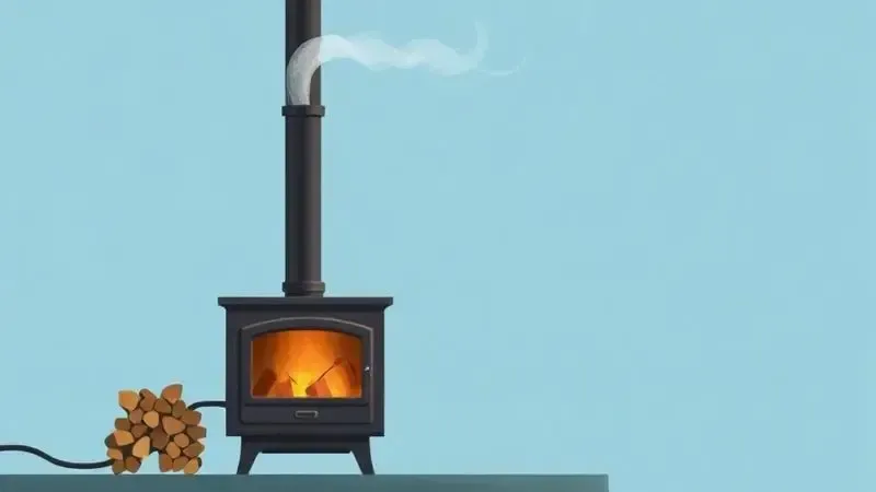 Ilustração conceitual sobre a segurança de fogões a lenha com ventilação adequada e chaminé instalada para saúde respiratória.