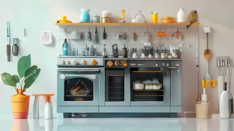 Ilustração conceitual de procedimentos de segurança e limpeza para o grill do forno, mostrando ferramentas adequadas.