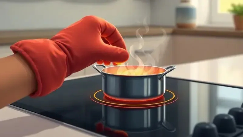 Ilustração digital de mão usando luva de segurança manuseando panela em cooktop, representando utilização segura do fogão.
