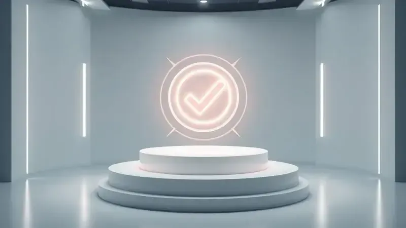Render 3D cinematográfico de um selo de qualidade brilhante, simbolizando a confiabilidade e confiança na marca de eletrodomésticos.