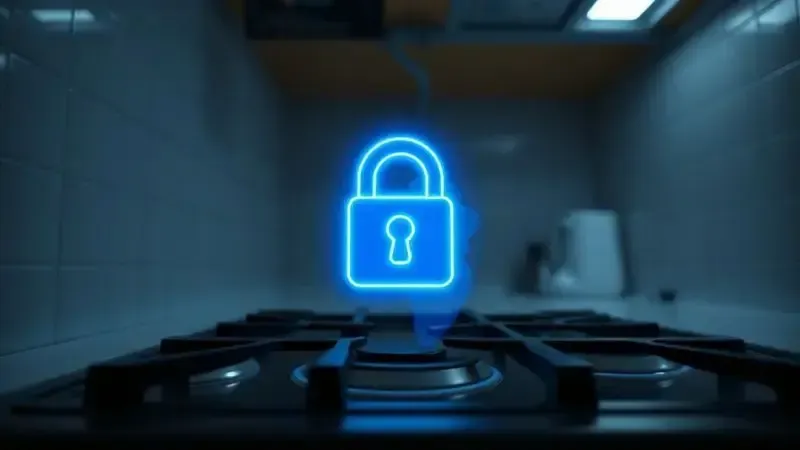 Render 3D conceitual de um fogão com um símbolo de bloqueio de gás, representando segurança e proteção.