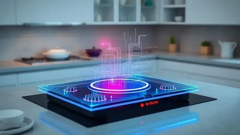 Visualização artística do sistema interno de uma placa de indução mostrando detecção de erros eletrônicos