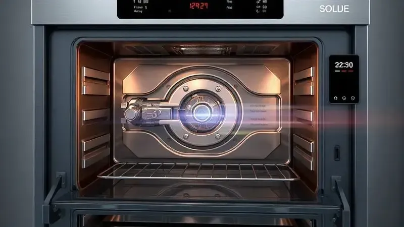 Visualização esquemática de um sistema de trava de segurança de forno mostrando componentes mecânicos e digitais