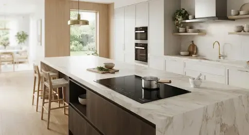Cozinha moderna com cooktop de indução sobre bancada de mármore claro