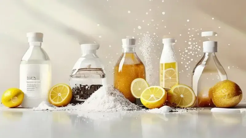 Ilustração de cinco soluções caseiras para remover ferrugem do fogão: vinagre, bicarbonato, limão e métodos naturais.