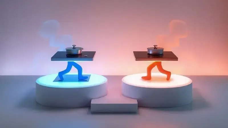 Render 3D de dois cooktops conceituais em competição com luzes contrastantes, simbolizando a comparação entre marcas de fogão de indução.