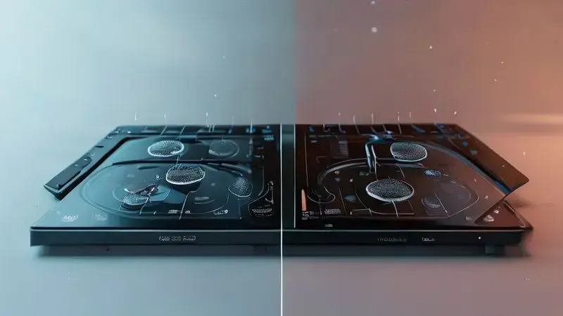 Ilustração científica comparativa da superfície de vidro de indução versus vidro comum