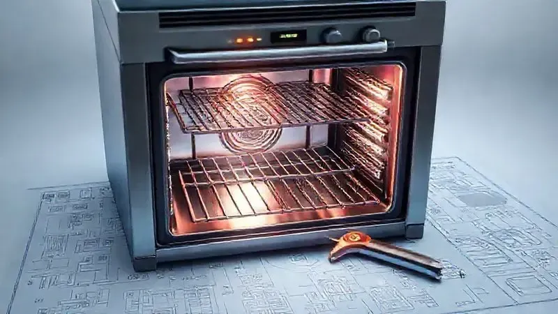 Ilustração de um forno industrial em manutenção com ferramentas de diagnóstico e esquemas técnicos, representando suporte de qualidade.