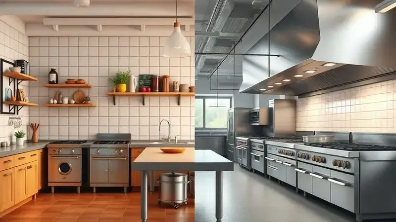 Renderização 3D de um fogão industrial compacto ao lado de um modelo grande, ilustrando a escolha de tamanho por demanda.