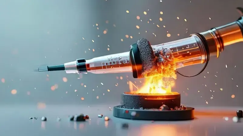 Ilustração conceitual da técnica de usar seringa com ar comprimido para desentupir dutos de gás do fogão