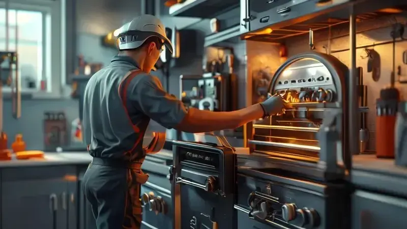 Ilustração 3D de técnico especializado inspecionando sistema de segurança de forno a gás