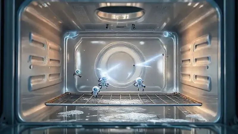 Renderização artística de um forno com tecnologia conceitual autolimpante, removendo resíduos e gordura.