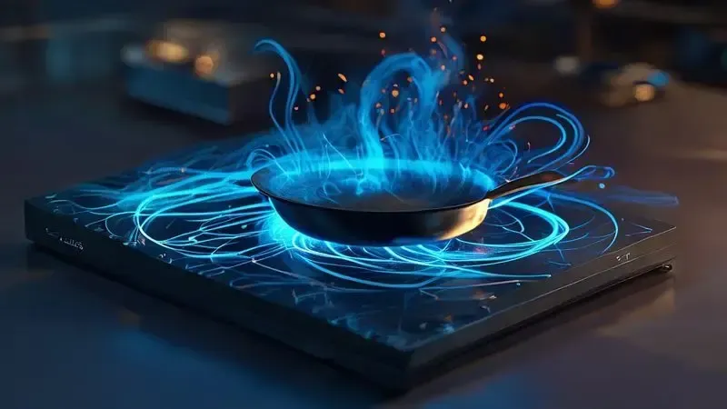 Diagrama ilustrativo do princípio de indução eletromagnética em cooktop, com linhas de campo magnético aquecendo a panela.