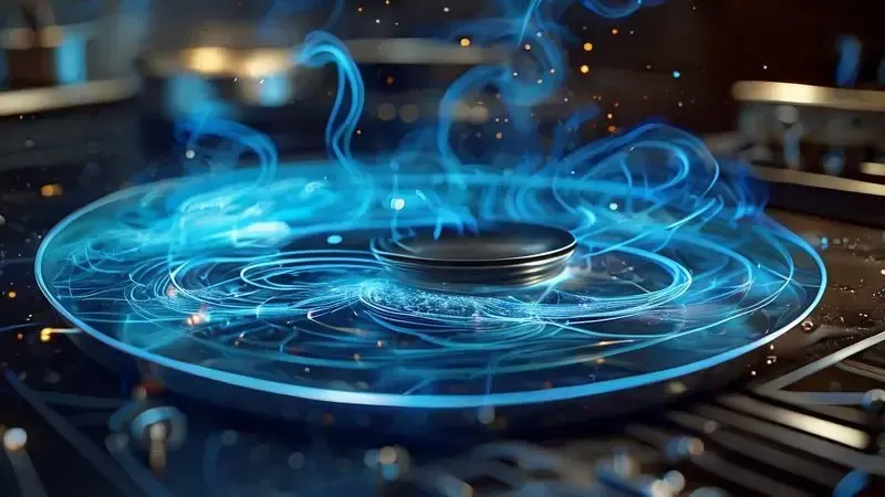 Ilustração conceitual da tecnologia de indução eletromagnética gerando calor diretamente na panela.