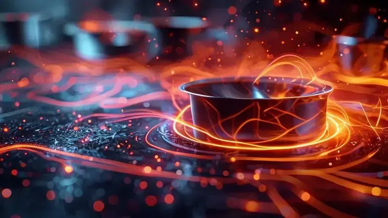 Ilustração conceitual da tecnologia de indução magnética funcionando sob uma panela metálica na cozinha