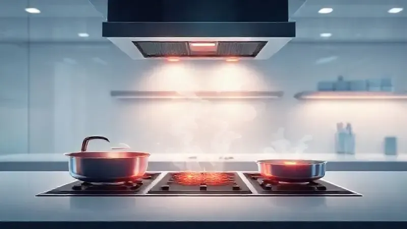 Ilustração conceitual de um fogão moderno com linhas de calor e tecnologia na cozinha.