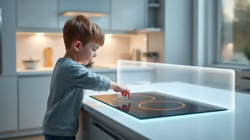 Ilustração conceitual 3D de uma superfície de cozimento com um campo de energia brilhante, representando a tecnologia e segurança do fogão elétrico.
