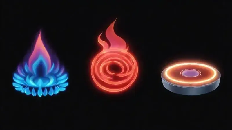 Ilustração conceitual das diferentes tecnologias de aquecimento para fogões e cooktops: gás, elétrico e indução.