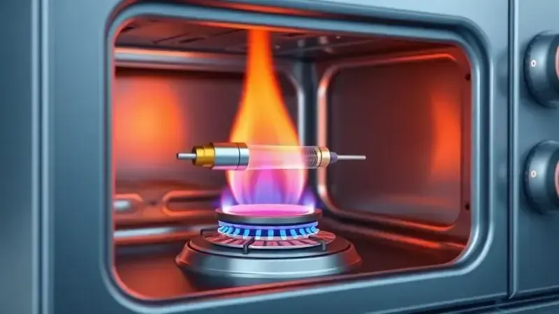 Ilustração 3D de um termopar de forno a gás mostrando sensor próximo à chama e conexão elétrica
