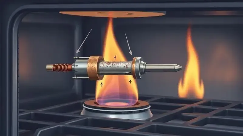 Ilustração conceitual de termopar sujo e desalinhado em forno a gás, mostrando problema de manutenção